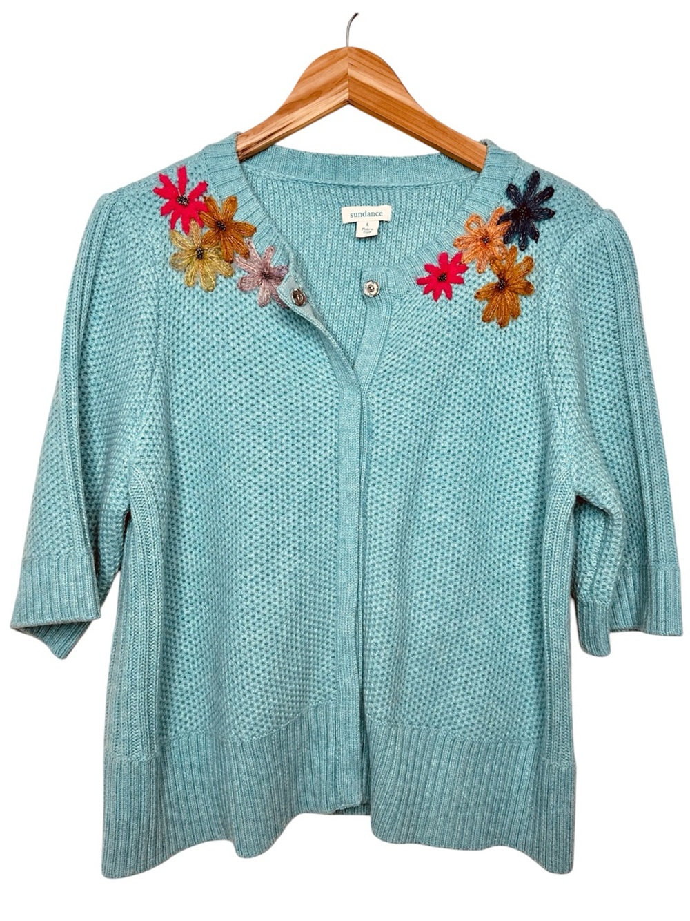 Sundance Antoinette Merino Wool Floral Appliqué Cardigan SZ Large Elbow Sleeve